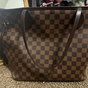 Brown Checkered Tote Bag with Textured Material and Long Handles